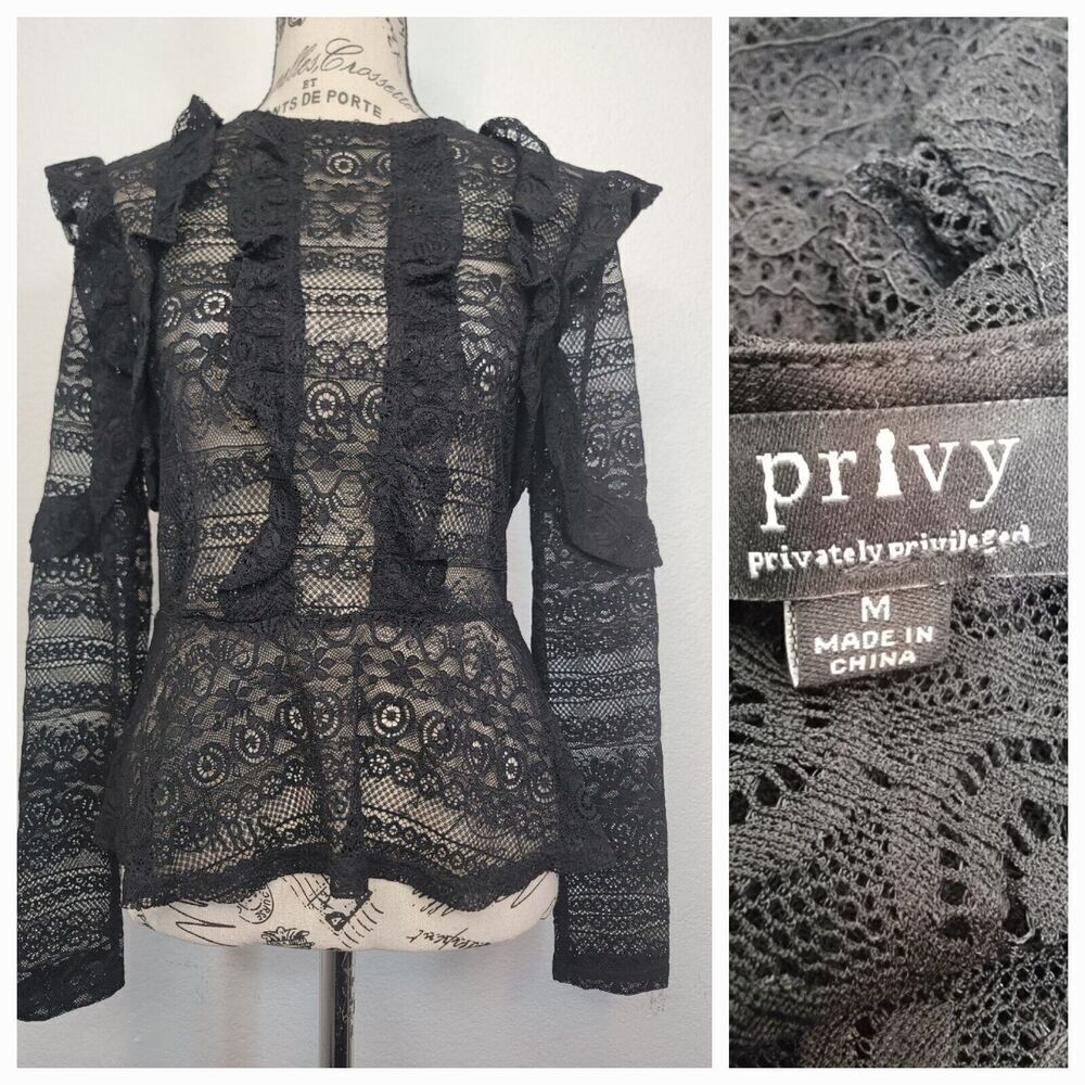 Privi Sheer Floral Lace Top SZ M Whimsigoth Ruffled Crochet Dark Fairy Bohemian